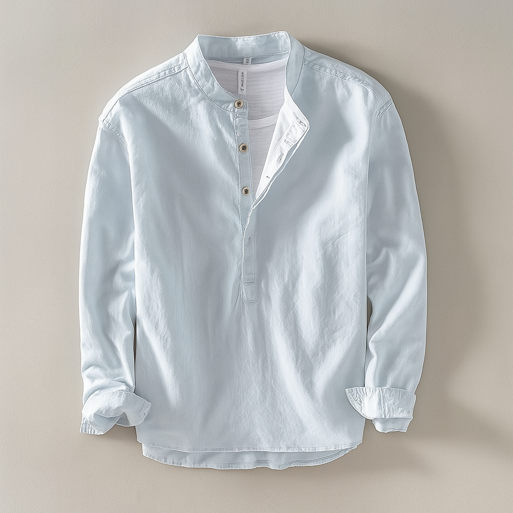 Casual men's lightweight shirt, breathable cotton linen fabric with a stylish mandarin collar.
