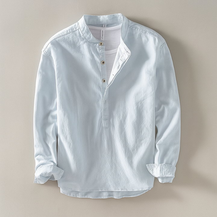 Casual men's lightweight shirt, breathable cotton linen fabric with a stylish mandarin collar.