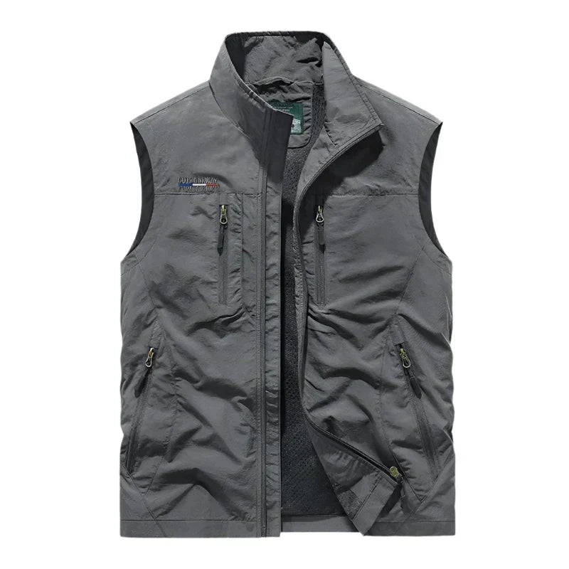 Durable men's sleeveless lightweight vest with full zip closure, great for outdoor activities & fall adventures.