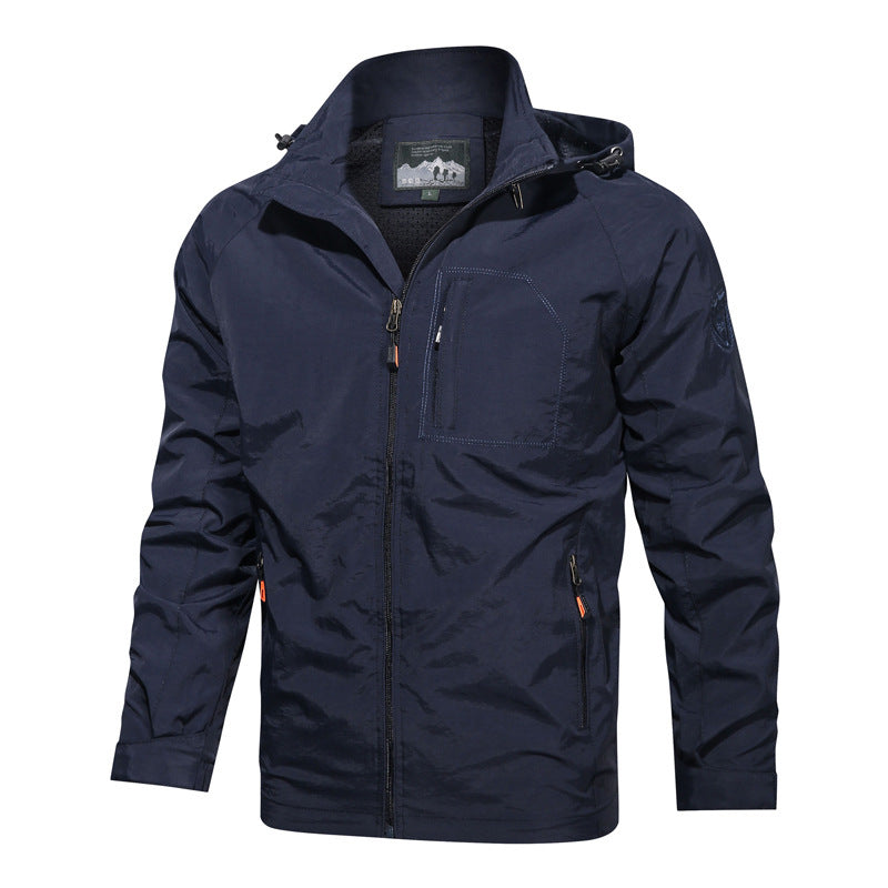 Versatile men's hooded jacket for casual wear, a stylish lightweight outerwear piece for all seasons.