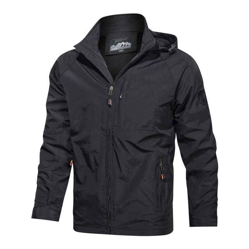 Front view of a men's lightweight casual jacket, featuring a hood and full zip, ideal for everyday style.