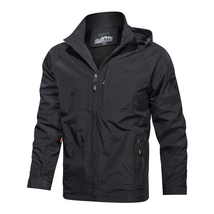 Front view of a men's lightweight casual jacket, featuring a hood and full zip, ideal for everyday style.
