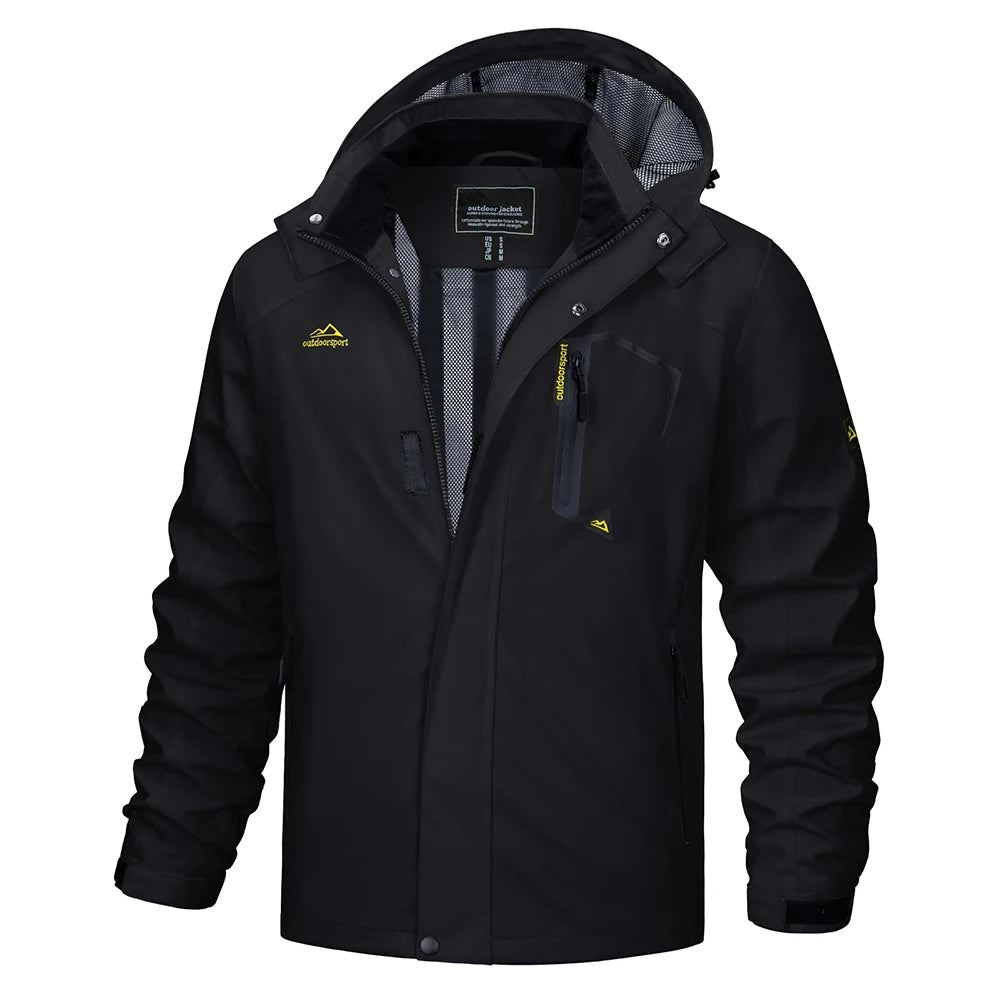Men's multi-pocket hooded rain jacket, practical and lightweight for outdoor enthusiasts.