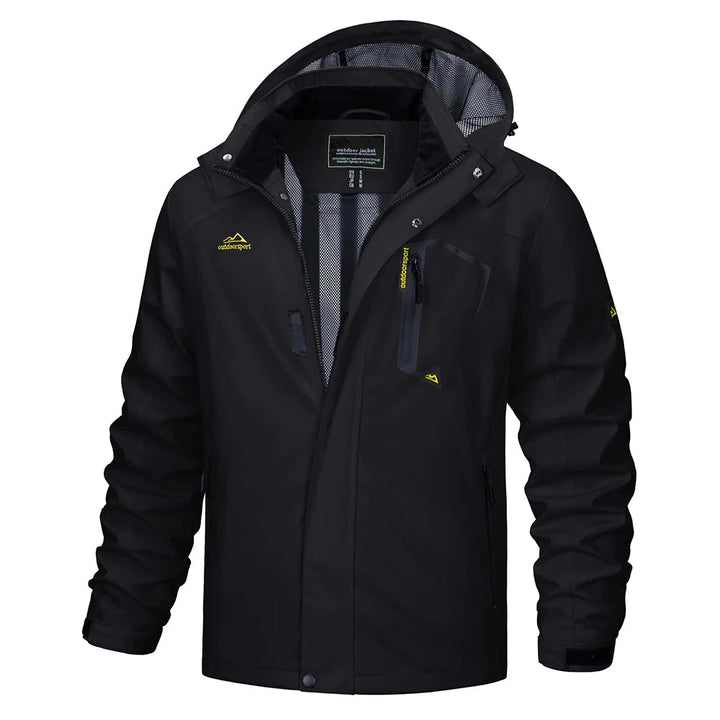 Men's multi-pocket hooded rain jacket, practical and lightweight for outdoor enthusiasts.