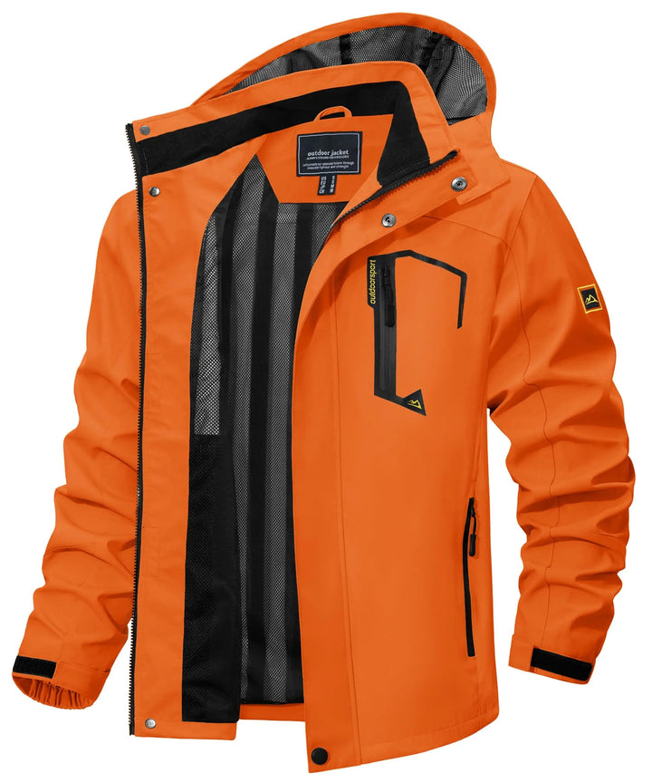 Men's active outdoor jacket, a waterproof windbreaker with a full zip and hood.