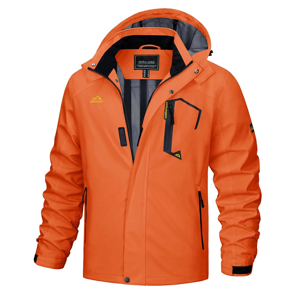 Durable men's rain jacket, lightweight and hooded for all-season versatility.