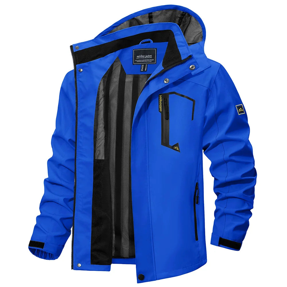 Men's fall hiking jacket, a waterproof windbreaker with multiple pockets for essentials.
