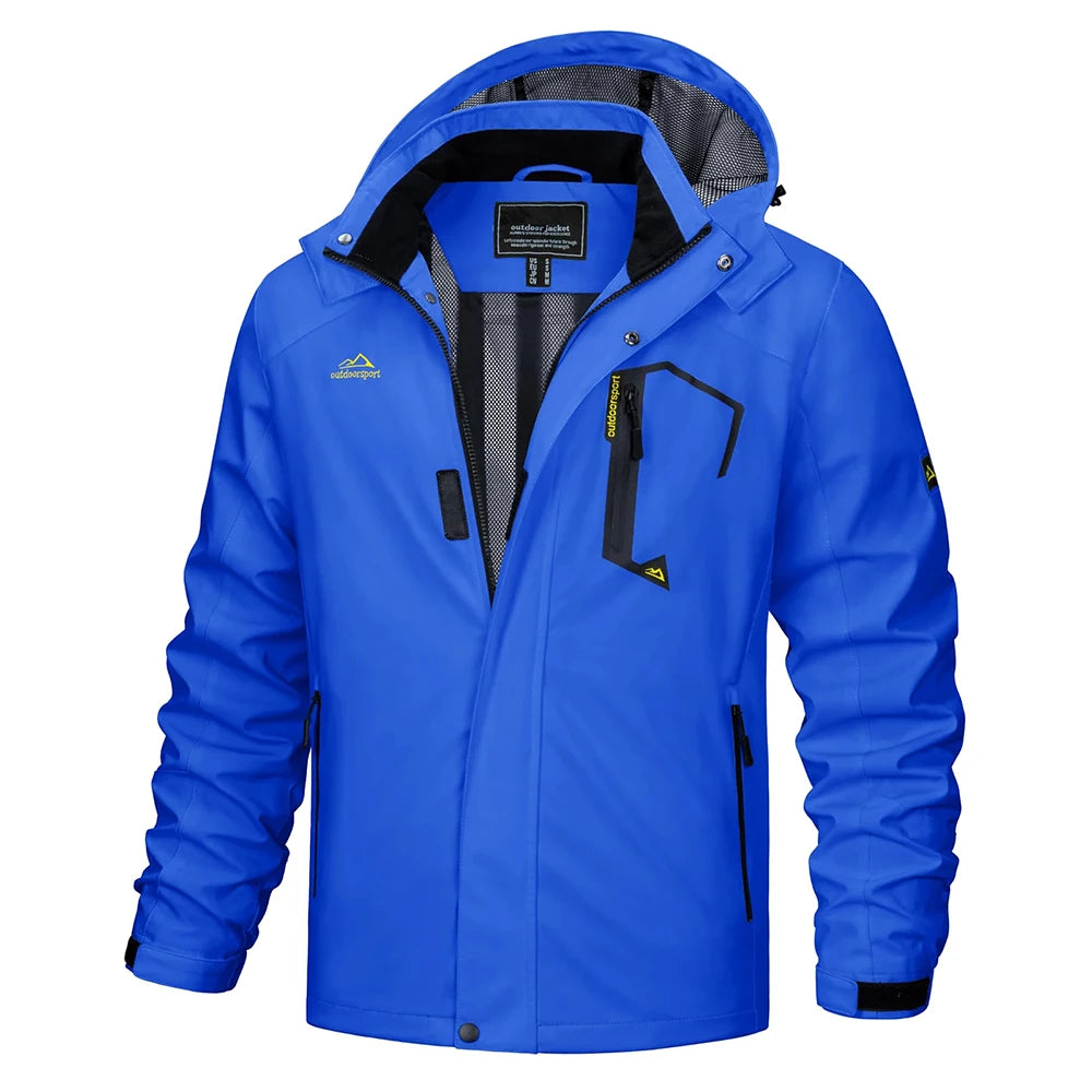 Lightweight men's waterproof hooded jacket, great for spring outdoor activities and travel.