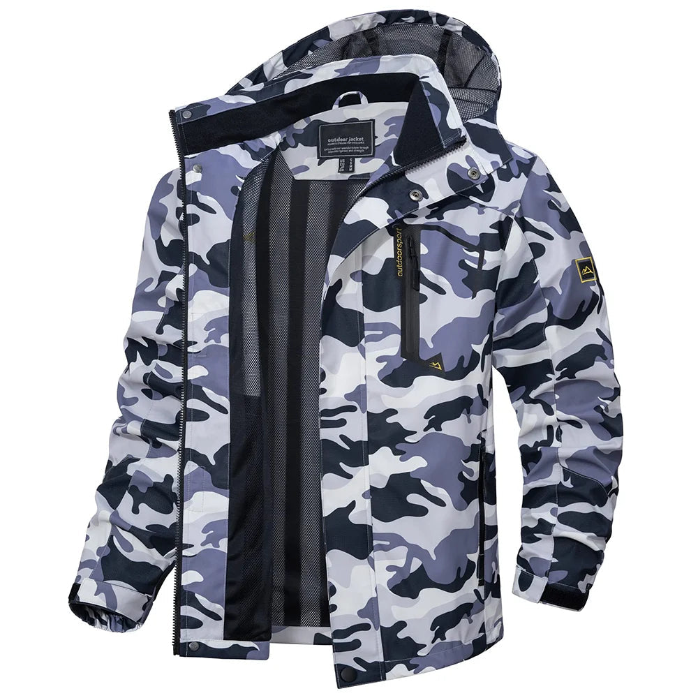 Men's practical multi-pocket hooded rain jacket for camping, fishing, and outdoor sports.