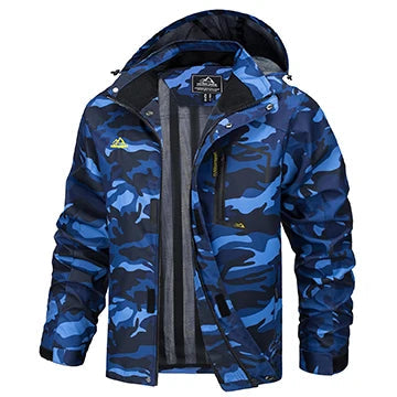 Men's sleek hooded rain jacket, waterproof and perfect for spring hikes and casual wear.