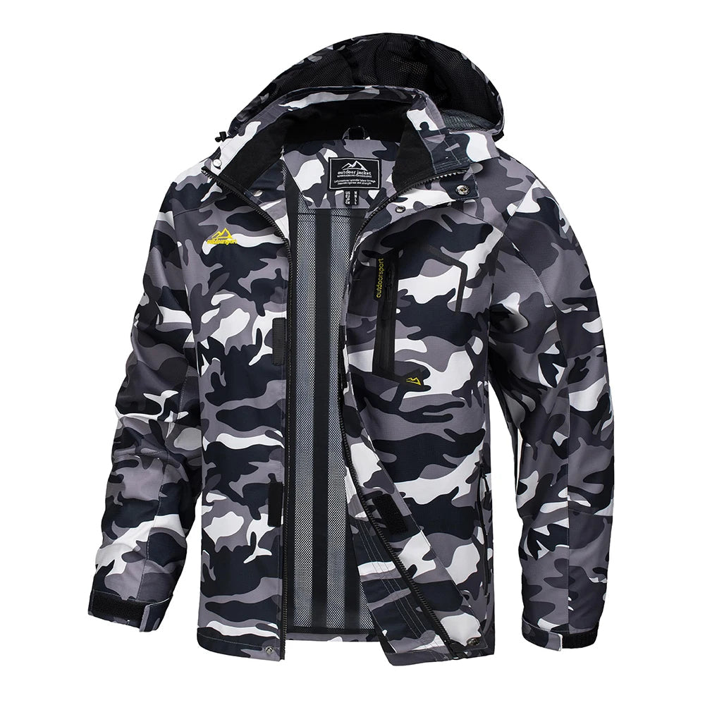 Men's smart hooded rain jacket, activewear waterproof for urban and wilderness trails.