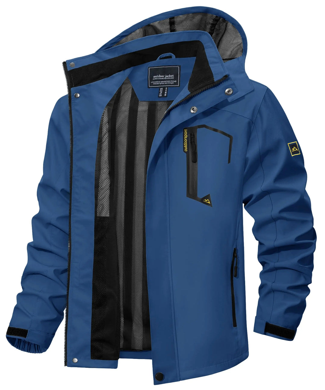 Stylish men's hooded rain jacket, offering lightweight protection and multi-pocket convenience.