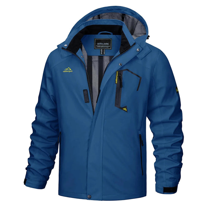 Durable men's outdoor jacket with a hood, designed as a windbreaker for active lifestyles.
