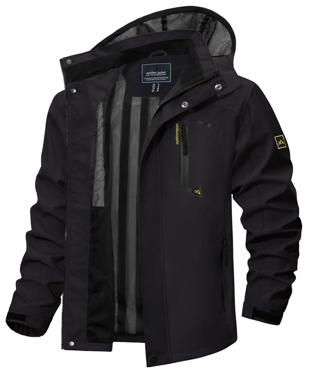 Waterproof men's jacket for active use, functioning as a breathable hooded windbreaker.