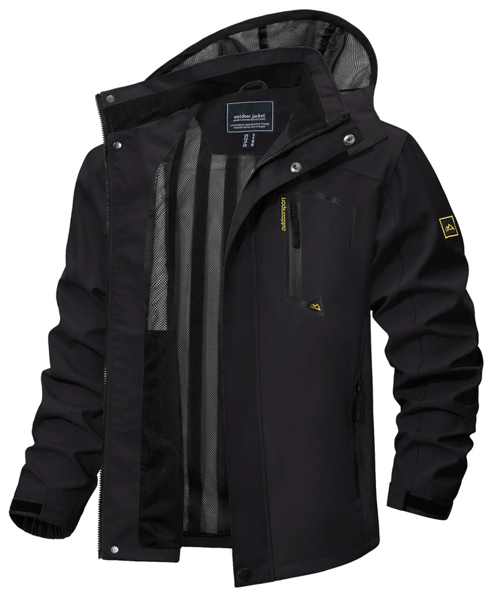 Waterproof men's jacket for active use, functioning as a breathable hooded windbreaker.