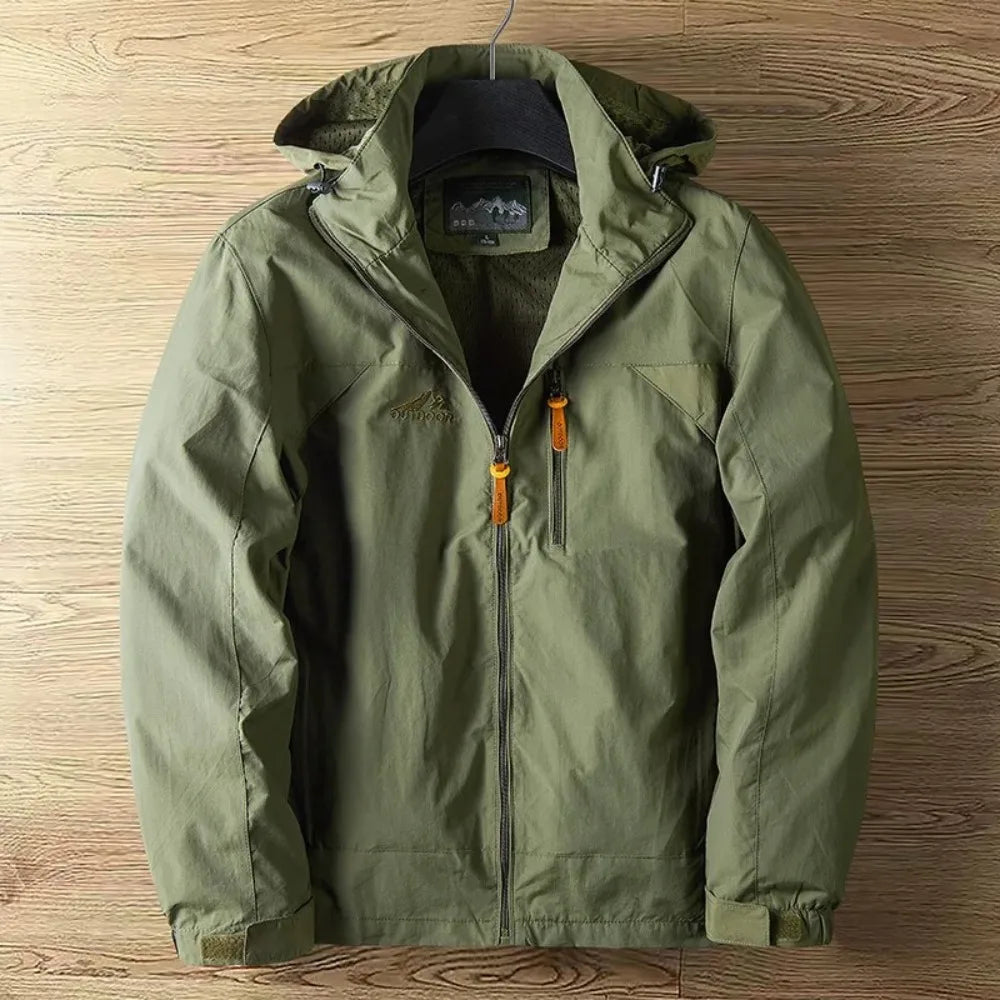 Men's waterproof rain jacket, lightweight hooded windbreaker for hiking, travel & casual wear in spring/fall.