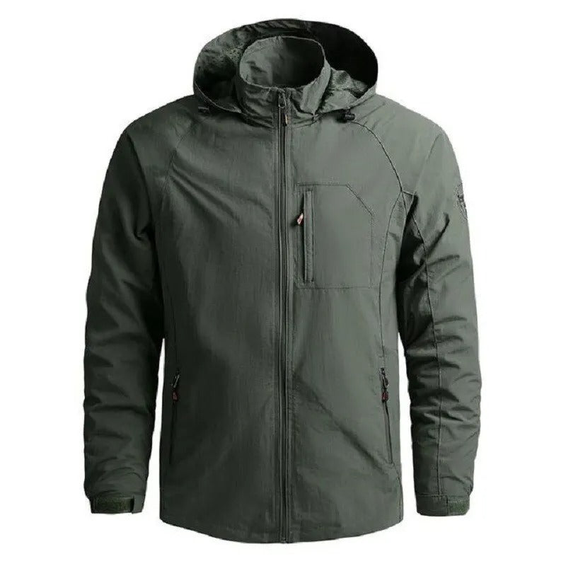 Durable men's lightweight hooded jacket, full zip-up design for everyday casual outerwear & spring/fall.