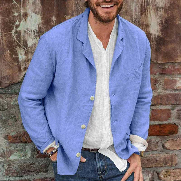 Stylish man wearing a versatile lightweight linen cotton jacket, ideal for relaxed spring and summer outfits.