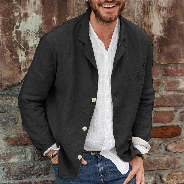 Back view of a men's lightweight linen cotton casual jacket, showcasing its relaxed fit for spring/summer comfort.