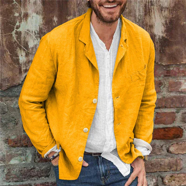Men's button-up linen cotton jacket in a casual fit, styled for versatile spring and summer layering.
