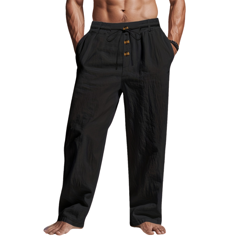 Men's lightweight linen drawstring pants in a neutral color, perfect for summer casual comfort.