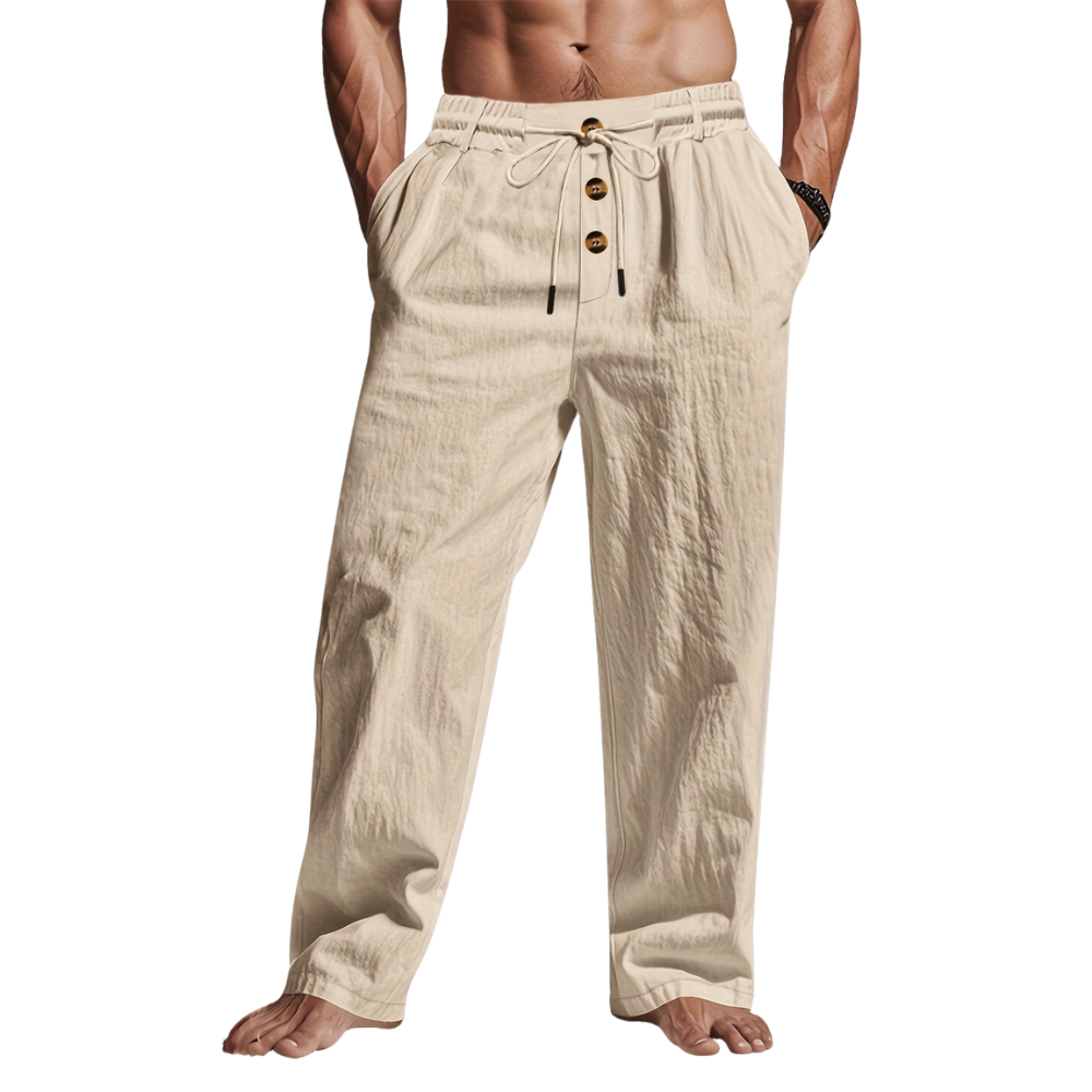 Full shot of a man wearing beige lightweight linen pants with a drawstring, suitable for summer.