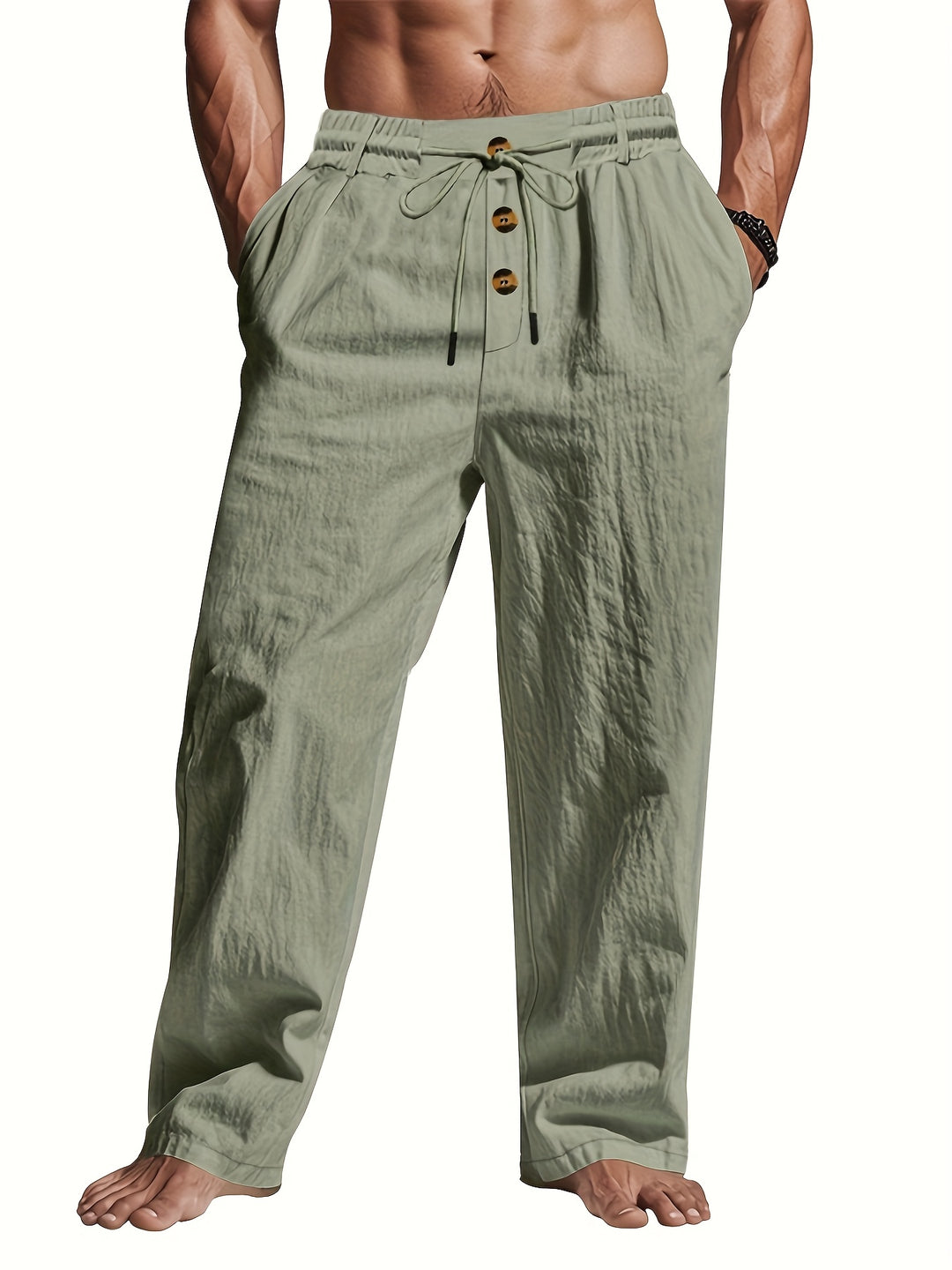 Texture detail of the breathable linen fabric on men's drawstring pants, great for warm weather.