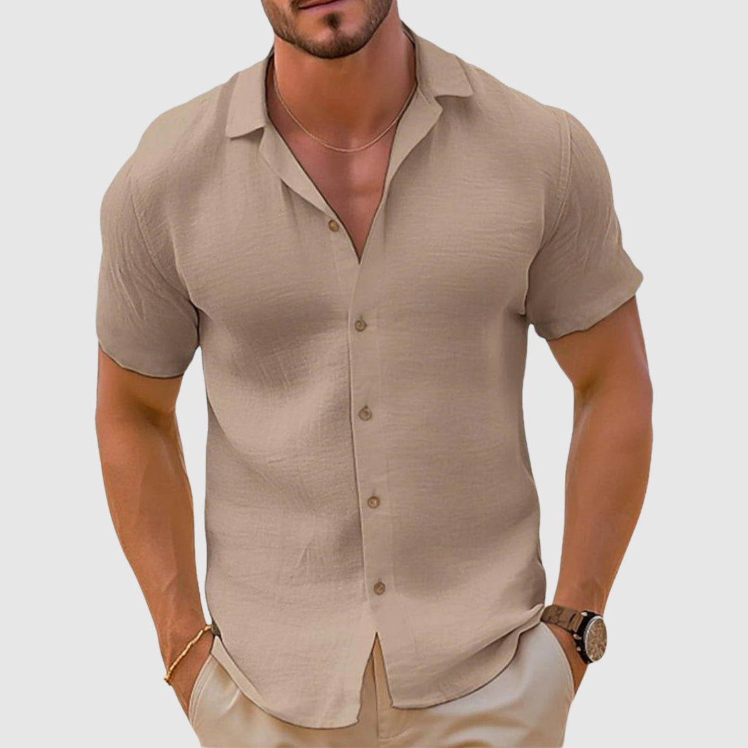 Men's lightweight linen short sleeve button up shirt in white, perfect for summer casual wear.