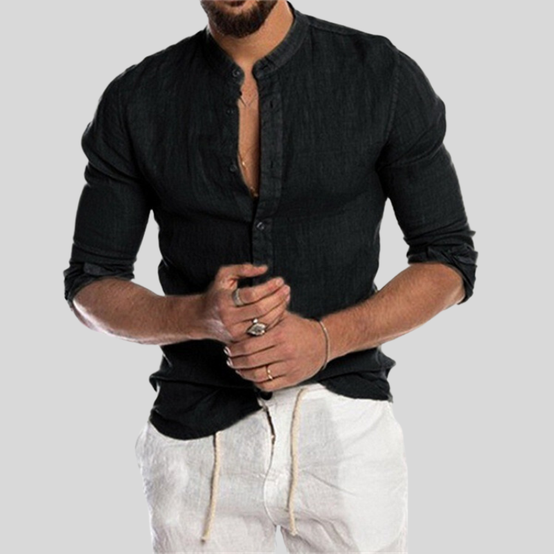 Men's lightweight long sleeve casual shirt with band collar. Relaxed fit, perfect for summer everyday wear.