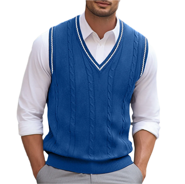 Stylish men's heather grey V-neck sleeveless sweater vest for a smart casual look.