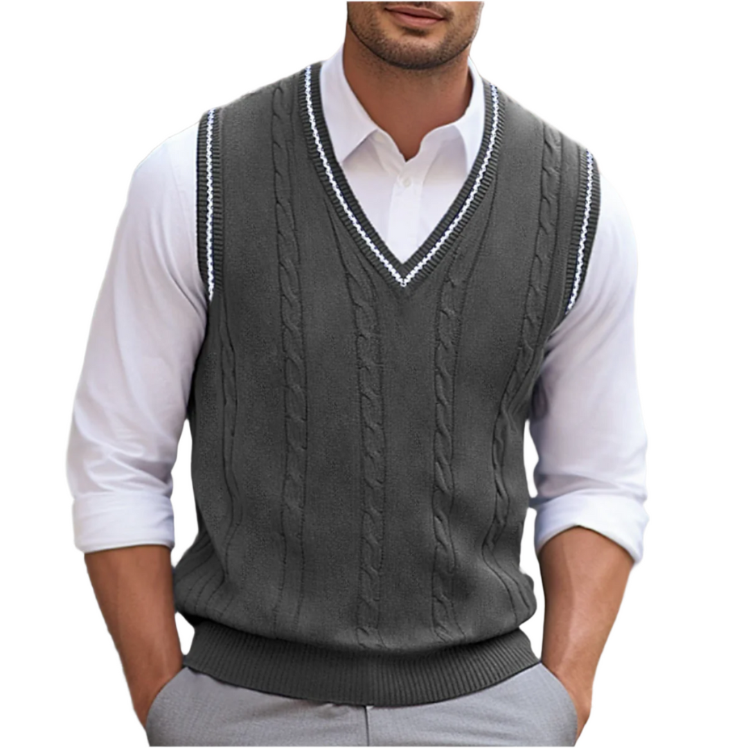 Versatile men's V-neck sleeveless sweater vest in beige, great for layering in summer fashion.