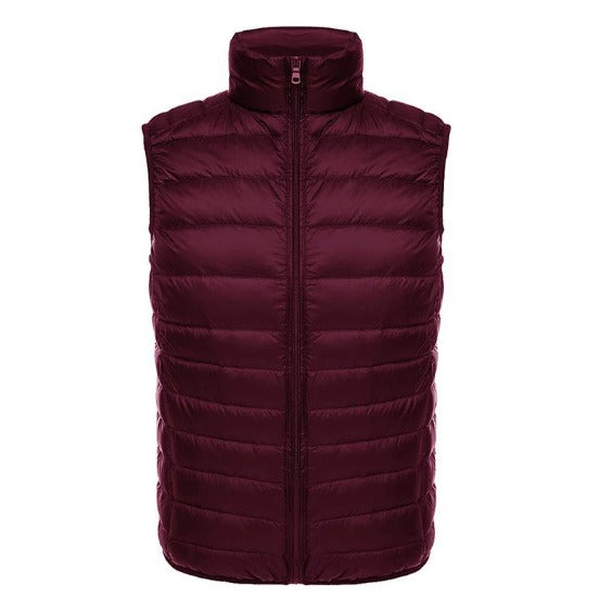 Stylish men's sleeveless padded jacket made of polyester, offering warmth without bulk for casual wear.