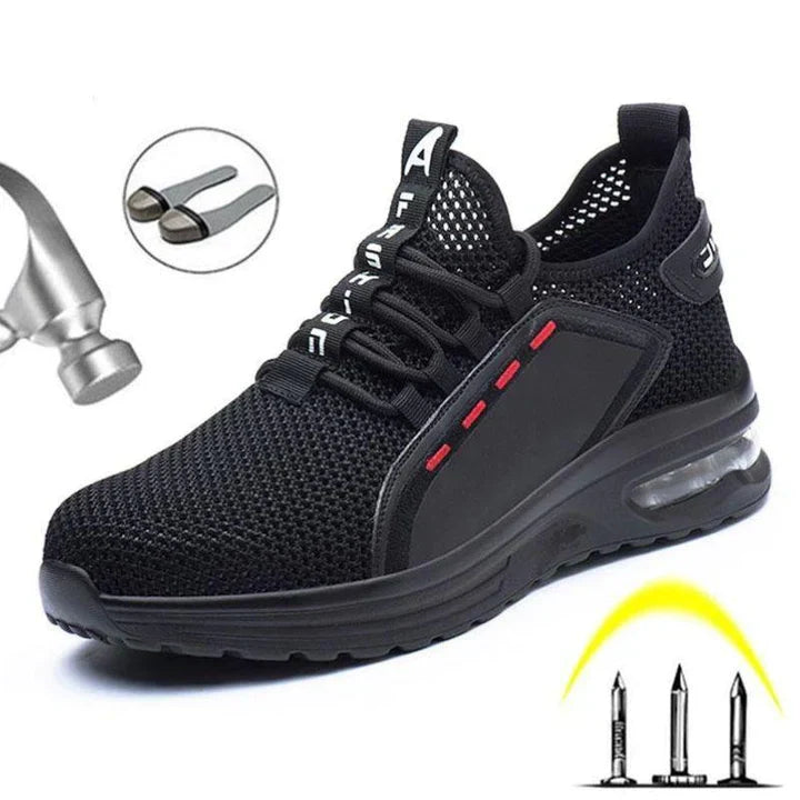 Detailed shot of the sole of puncture-resistant work boots, highlighting slip-resistant tread