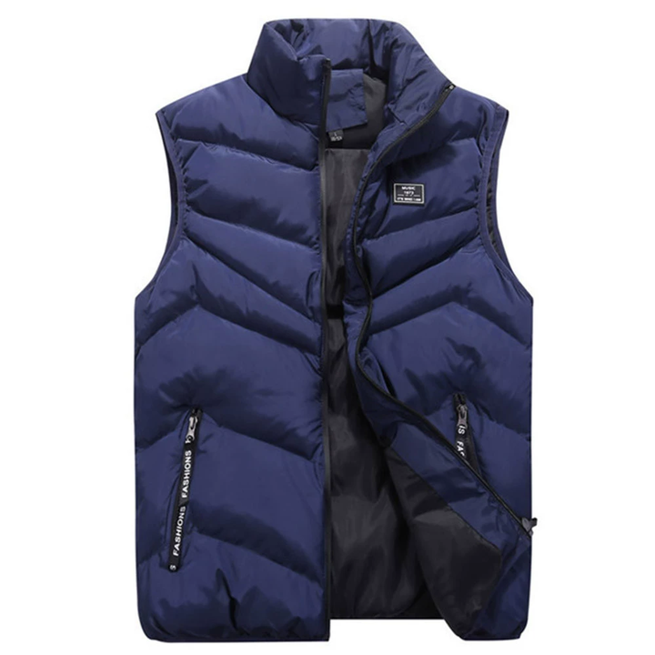 Sleek men's quilted puffer vest with stand collar. A warm, sleeveless jacket for cool weather fashion.