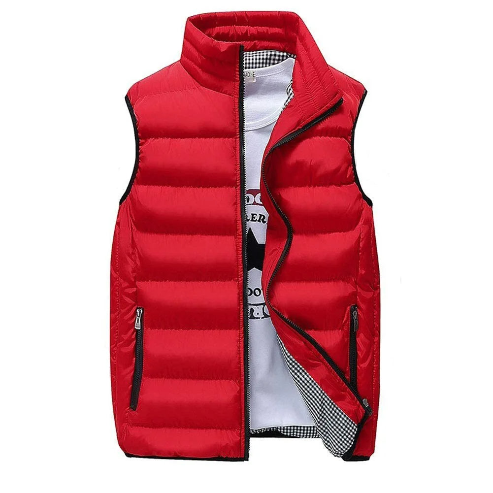 Side profile of a men's quilted vest, showing its slim fit and lightweight design.