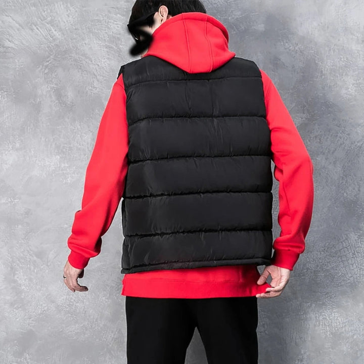 Back view of a men's casual quilted vest, an essential layering jacket for winter.
