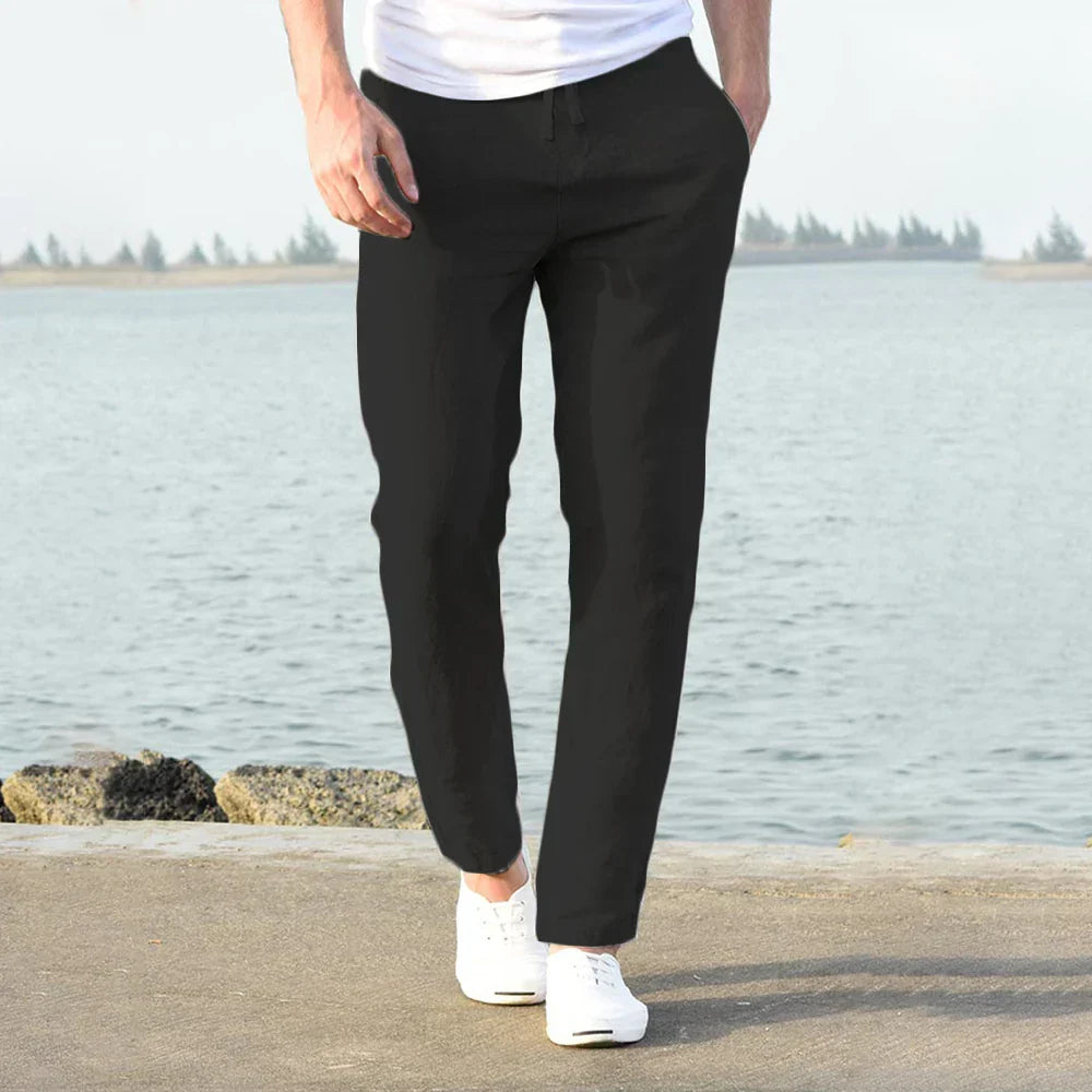 Close-up of the breathable fabric of men's lightweight trousers, comfort fit.