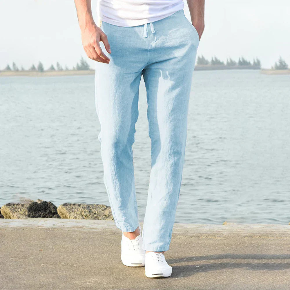 Back view of men's casual trousers, offering a relaxed and breathable fit.