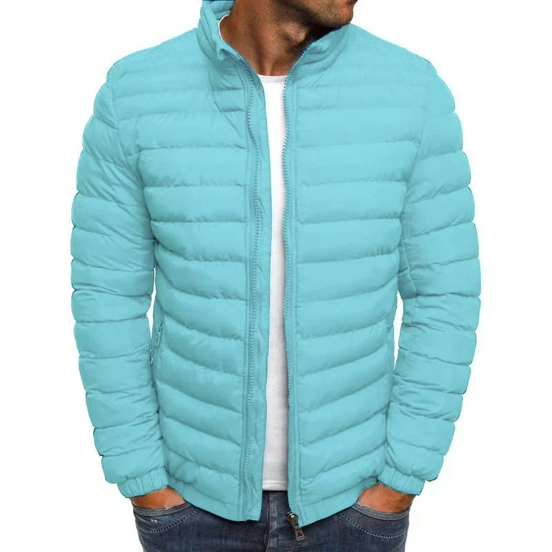 Durable men's lightweight puffer coat with zip pockets, offering a slim fit and superior winter warmth.