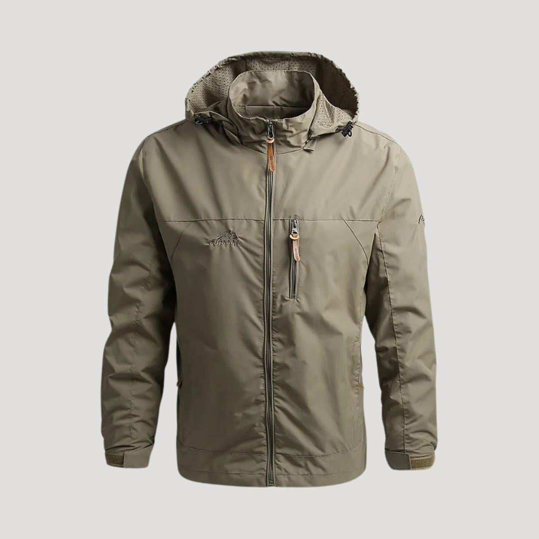 Front view of a men's hooded lightweight outdoor jacket, featuring a full zip closure and elastic cuffs.