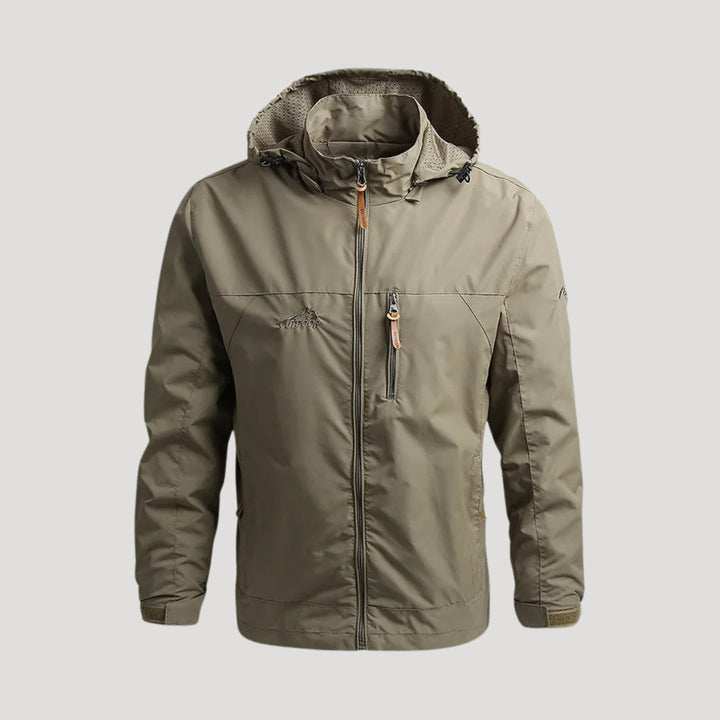 Front view of a men's hooded lightweight outdoor jacket, featuring a full zip closure and elastic cuffs.