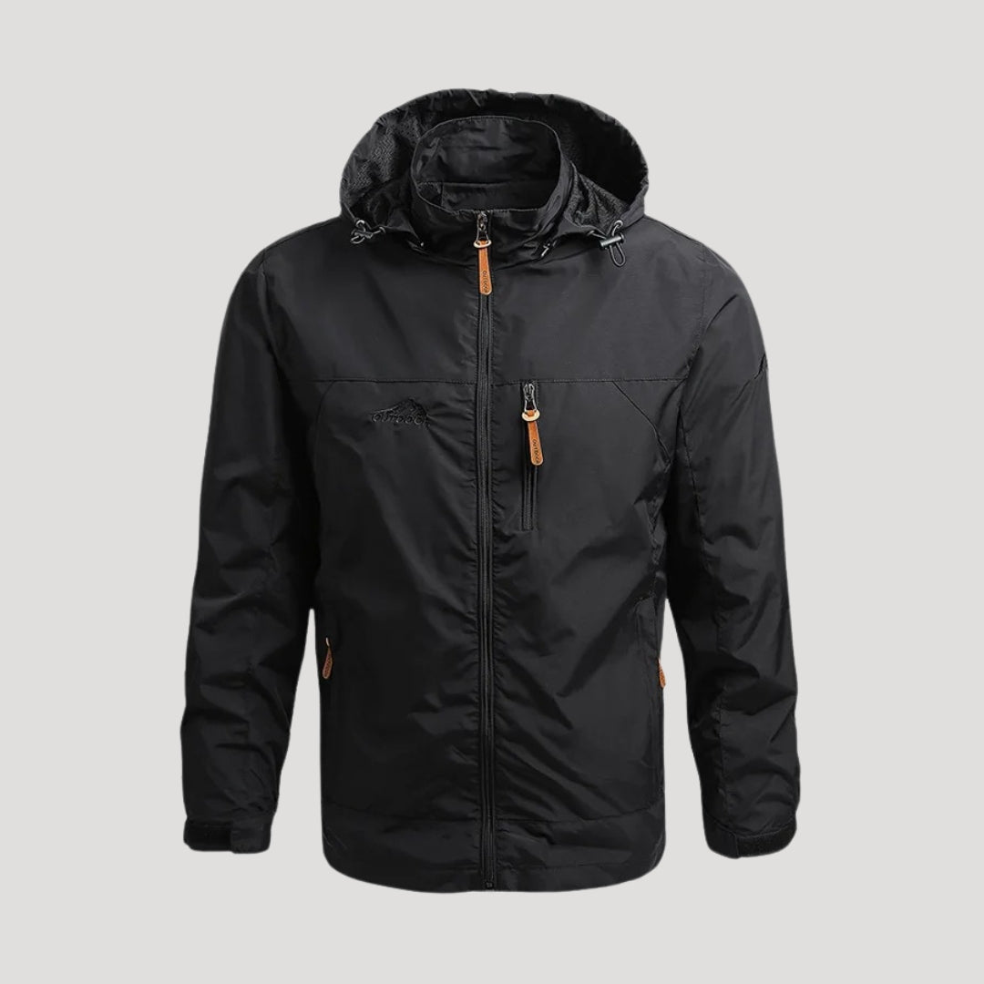 Dark grey men's lightweight outdoor jacket with zipper, a versatile piece of hooded casual outerwear.