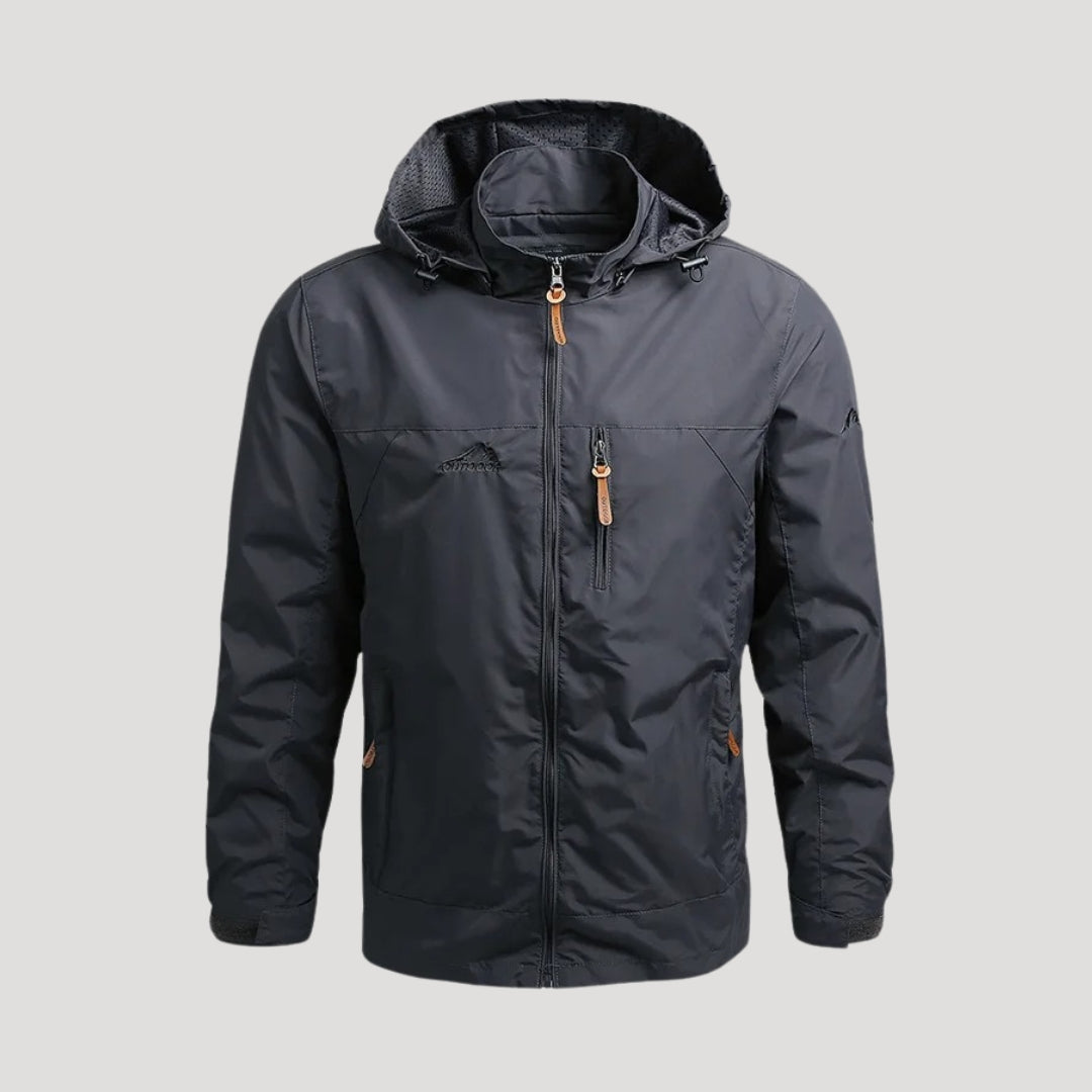 Close-up of the fabric texture on a men's lightweight hooded zip jacket, suitable for spring