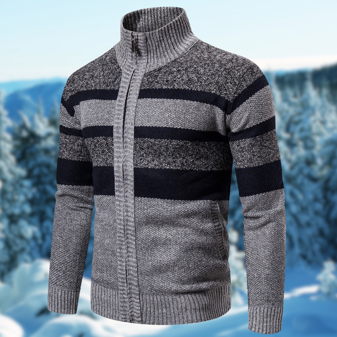 Lightweight men's long-sleeve striped knit sweater, ideal for casual everyday comfort & stylish mens clothing.