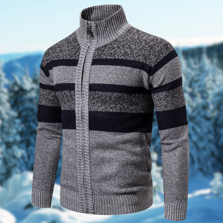 Lightweight men's long-sleeve striped knit sweater, ideal for casual everyday comfort & stylish mens clothing.