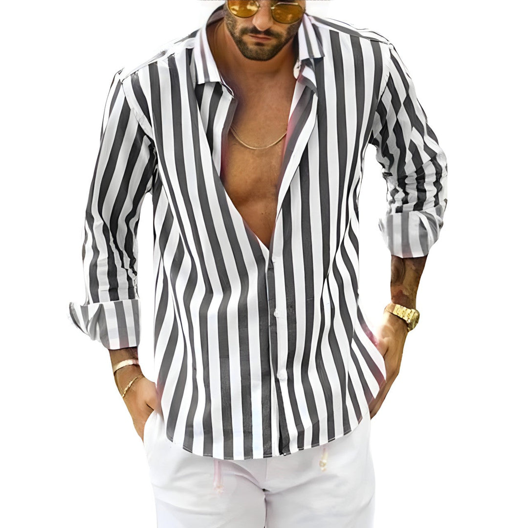 Men's lightweight striped summer shirt. Breathable, short sleeve, perfect for warm weather and casual comfort.