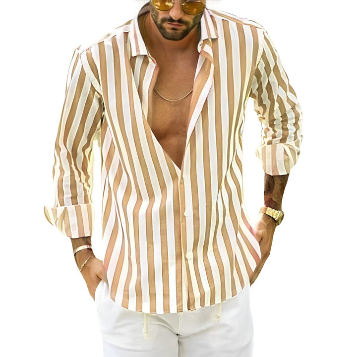 Casual men's striped summer shirt with a comfortable fit. Short sleeve, breathable, versatile for warm weather fashion.