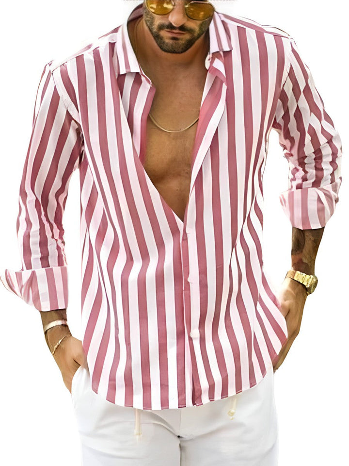Warm weather essential: men's breathable striped summer shirt. Lightweight, short sleeve, comfortable for casual wear.