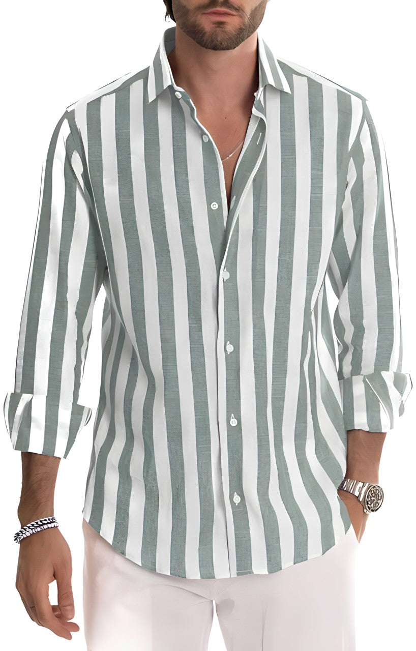 Fashionable men's striped short sleeve shirt. Lightweight and breathable, designed for comfortable summer casual wear.