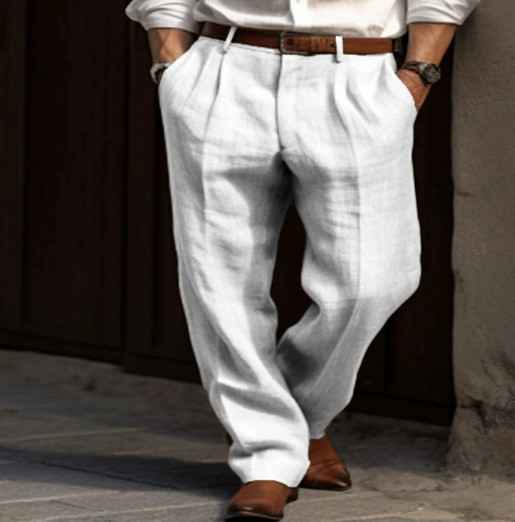 Comfortable men's white summer chinos. Breathable, lightweight fabric, ideal for warm weather fashion.